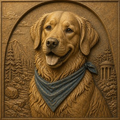 portrait of a golden retriever wearing a blue bandana, warm plain backdrop, no text