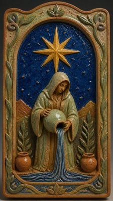 a robed figure pouring water beneath a large eight-pointed star in a night sky, symmetrical composition with an ornate decorative border, no text