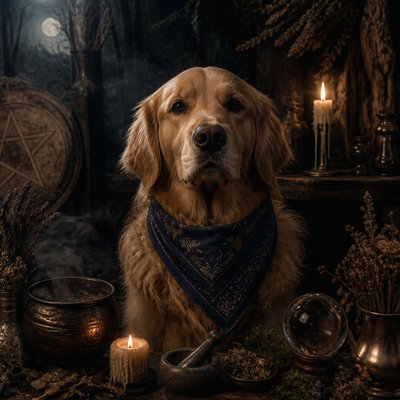 portrait of a golden retriever wearing a blue bandana, warm plain backdrop, no text