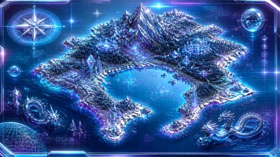 a map of an island realm with mountains, forests, a sheltered bay, sea monsters in the water and a compass rose, no text labels