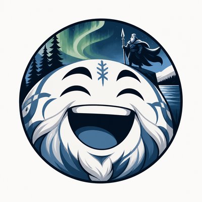 an exaggerated laughing face of an original round mascot character, bold and readable at small size, plain background, no text