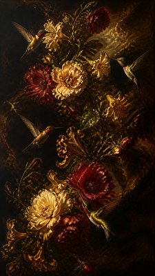 a climbing vine of flowers and hummingbirds on a dark background, tall wrapping composition, no text
