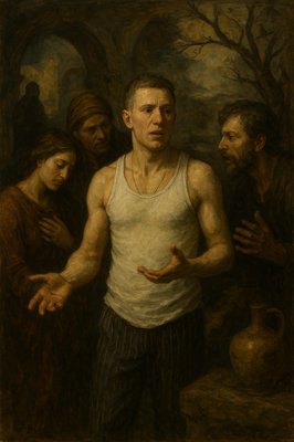 a painting of a man standing in front of a group of people