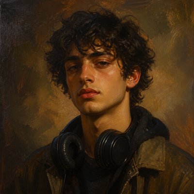 head-and-shoulders portrait of an original character: a young man with curly dark hair and headphones around his neck, plain backdrop, no text