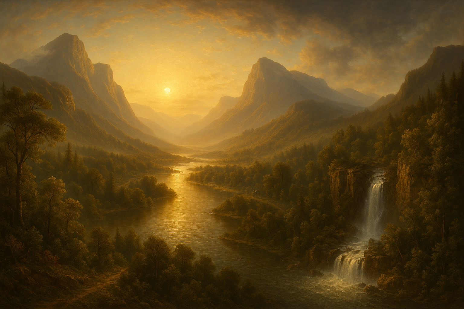 A majestic oil painting of an American landscape in the style of the Hudson River School, blending the epic vistas and vibrant atmospheric effects of Frederic Edwin Church with the heroic scale and dramatic light-shadow contrasts of Albert Bierstadt, infused with Luminist qualities of ethereal glow, soft atmospheric transitions, and concealed brushstrokes for a tranquil, meditative ambiance. Depict a vast river valley at dawn, with towering mountains in the distance, cascading waterfalls, lush forests, and a serene river reflecting golden sunlight; include subtle elements of human exploration such as a distant trail or cabin, rendered in intricate detail with rich colors, sublime grandeur, and divine illumination