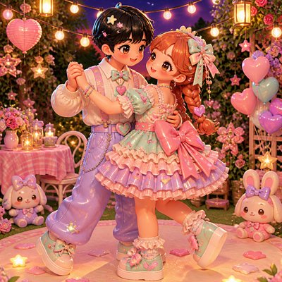 an original couple dancing under string lights in a garden at dusk: a man with short black hair in a linen shirt and a woman with braided red hair in a summer dress