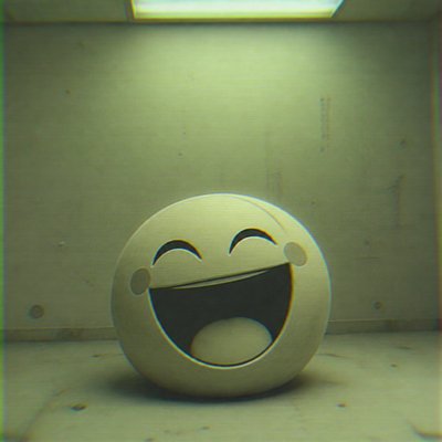 an exaggerated laughing face of an original round mascot character, bold and readable at small size, plain background, no text