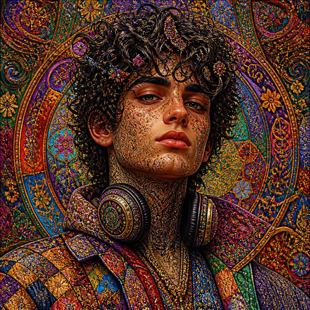 head-and-shoulders portrait of an original character: a young man with curly dark hair and headphones around his neck, plain backdrop, no text