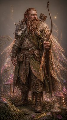 full-body original character: a dwarven ranger with a braided auburn beard, worn leather armor, a longbow and a wolf-pelt cloak, neutral background, no text