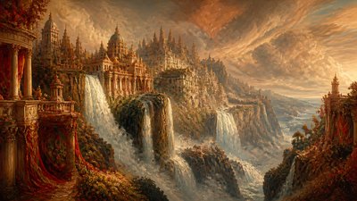 a cliffside city with waterfalls cascading into a misty canyon, wide establishing shot, no people, no text