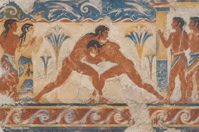 ancient minoan ignudi athletes wrestle with bystanders watching
