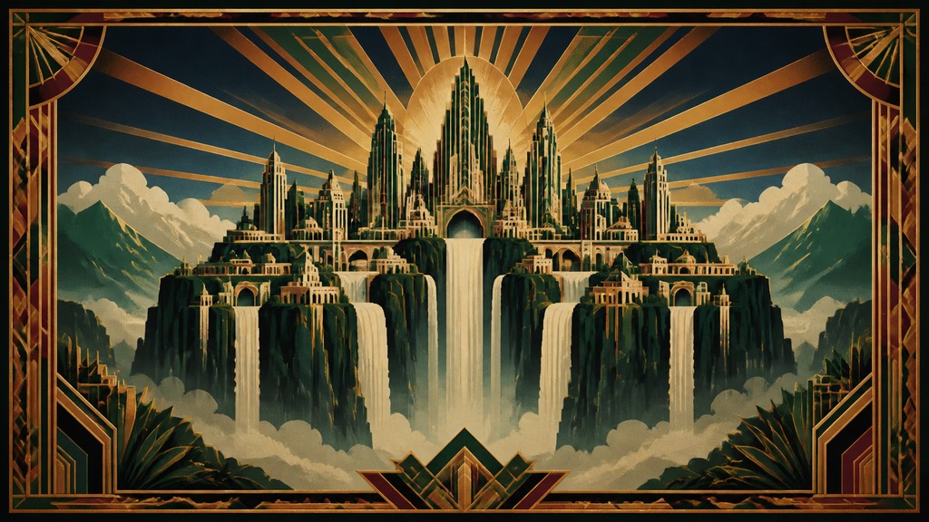 a cliffside city with waterfalls cascading into a misty canyon, wide establishing shot, no people, no text