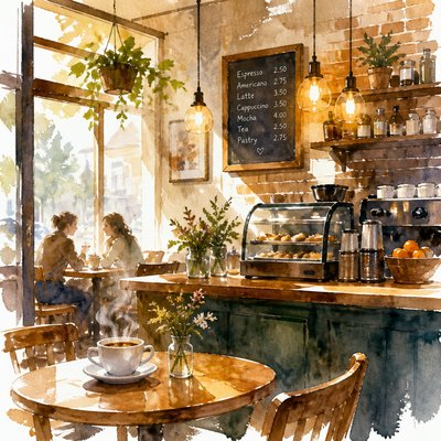cozy cafe interior with warm lighting