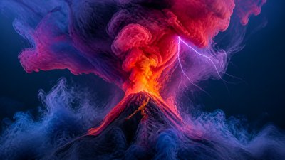 an erupting volcano with lightning strikes, dramatic wide composition, no text