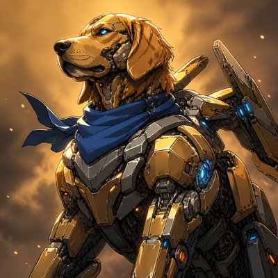 portrait of a golden retriever wearing a blue bandana, warm plain backdrop, no text