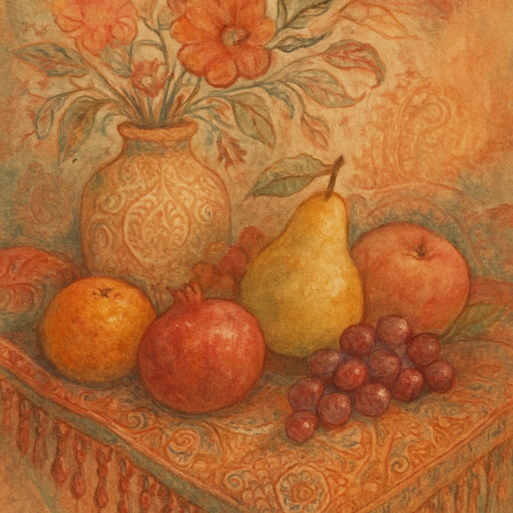 still life arrangement of fruits and flowers