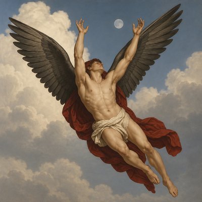 a painting of a man on a cross with wings