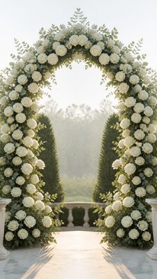 an arch of white roses and eucalyptus in soft morning light, elegant vertical composition with open space, no text