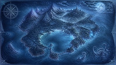 a map of an island realm with mountains, forests, a sheltered bay, sea monsters in the water and a compass rose, no text labels