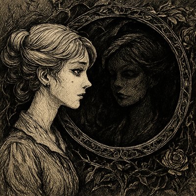 a drawing of a woman looking in a mirror
