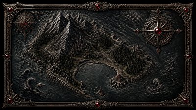 a map of an island realm with mountains, forests, a sheltered bay, sea monsters in the water and a compass rose, no text labels
