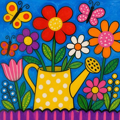 a garden scene with butterflies, flowers and a watering can, clean uncolored line art, no text