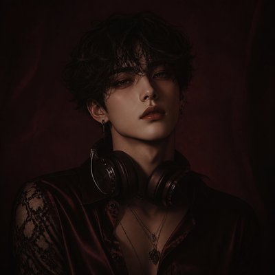 head-and-shoulders portrait of an original character: a young man with curly dark hair and headphones around his neck, plain backdrop, no text