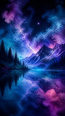 a tranquil mountain lake beneath a starry night sky, no people, no text