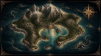 a map of an island realm with mountains, forests, a sheltered bay, sea monsters in the water and a compass rose, no text labels