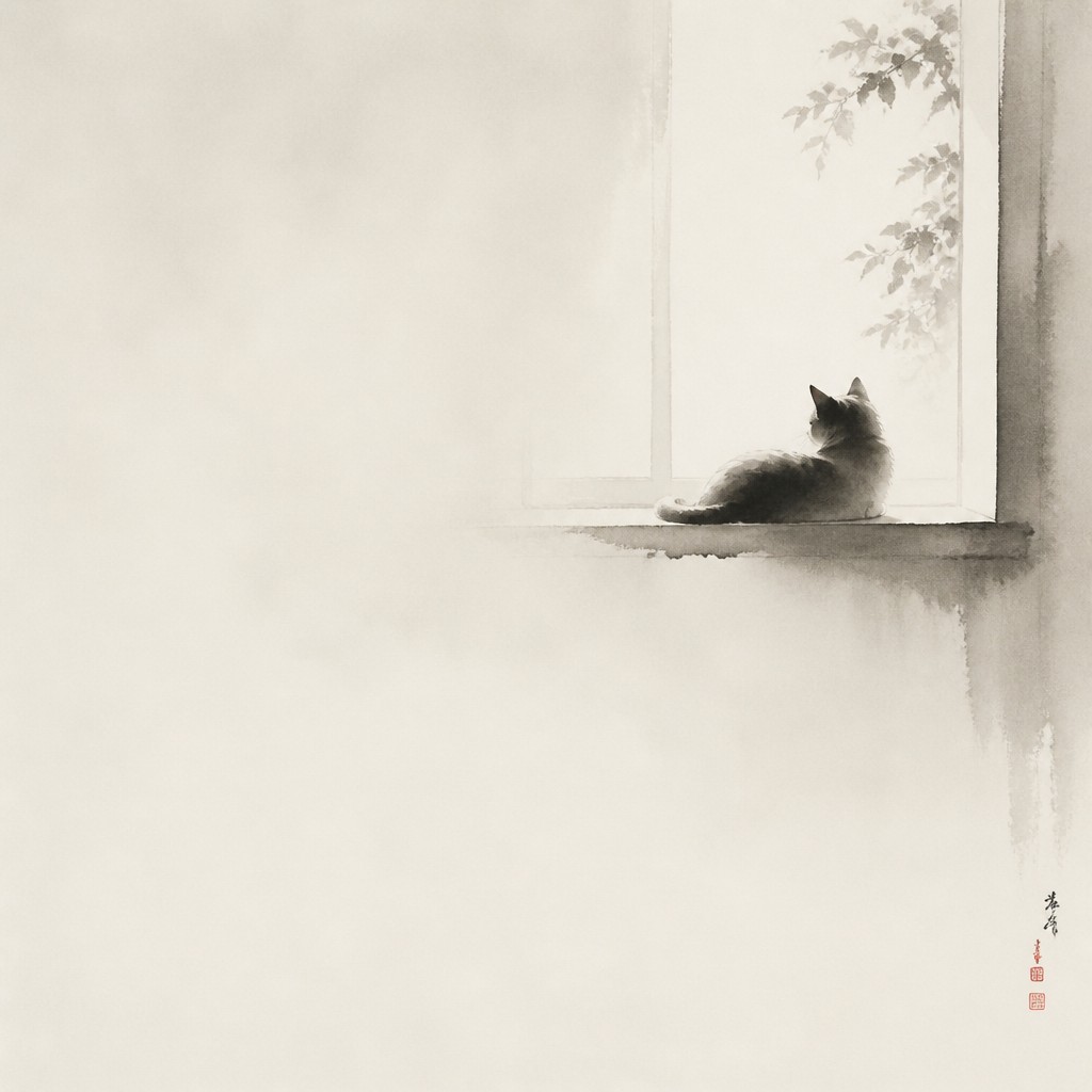 a cat lounging in a sunlit window — Negative Space Art Style