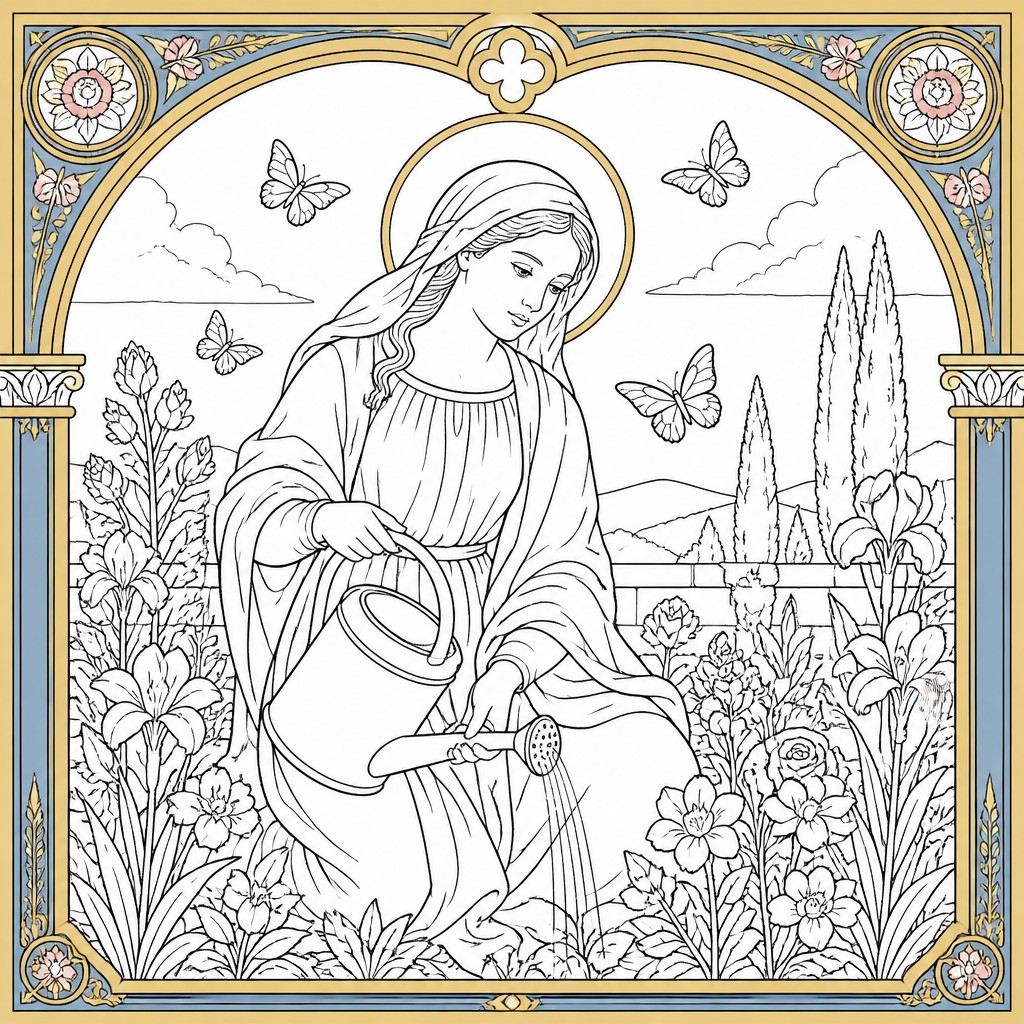 a garden scene with butterflies, flowers and a watering can, clean uncolored line art, no text