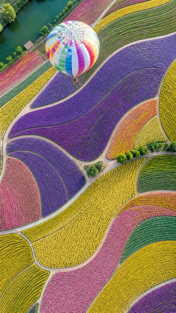 a hot air balloon drifting over rolling flower fields on a sunny day, cheerful, no text
