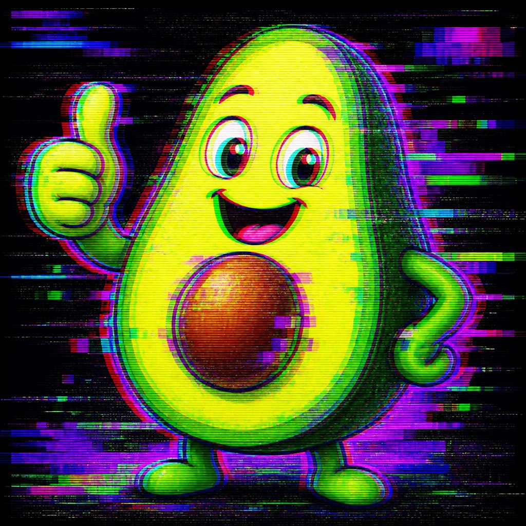 a happy avocado character giving a thumbs up, bold readable design on a plain background, no text