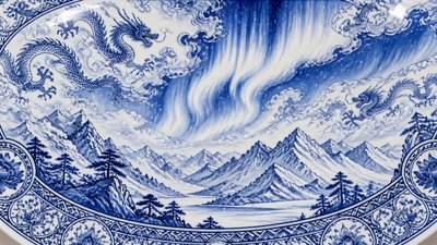 a flowing aurora over snowy peaks, wide sweeping composition, no people, no text