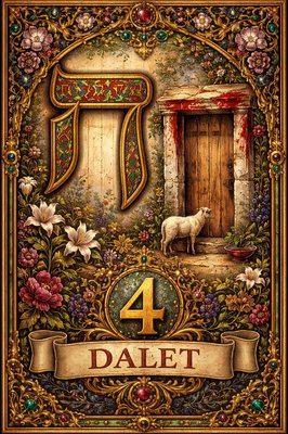 A picture of the Hebrew letter Dalet with the picture of a door, with the Passover blood on the door frame, and the modern Hebrew Dalet symbol (ד), the number 4 and the name of the letter "Dalet" . With no other number or letter symbols included