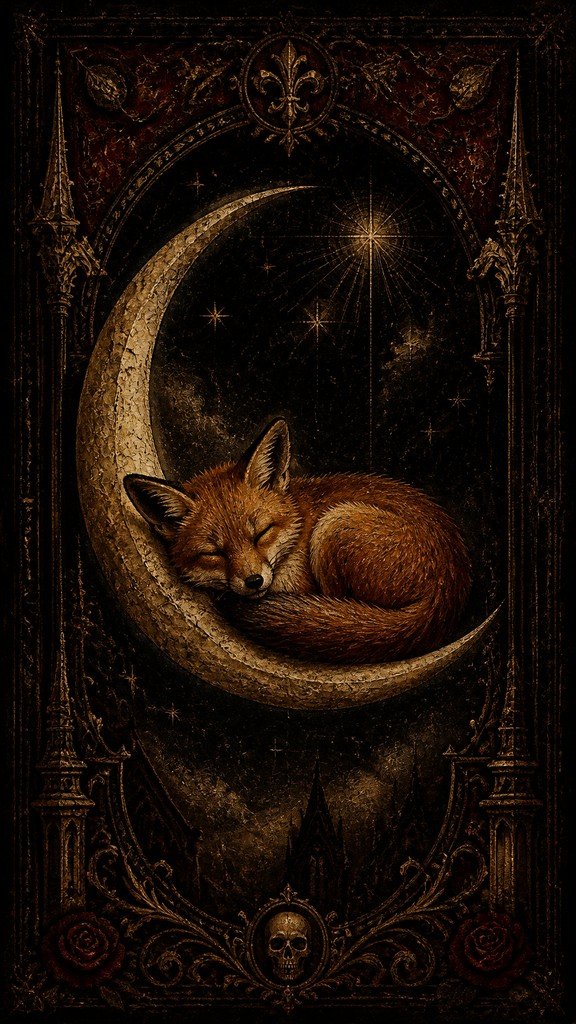 a sleeping baby fox curled on a crescent moon among soft stars, gentle and warm, no text