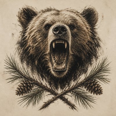 a roaring bear head above crossed pine branches, bold graphic composition on a plain background, no text