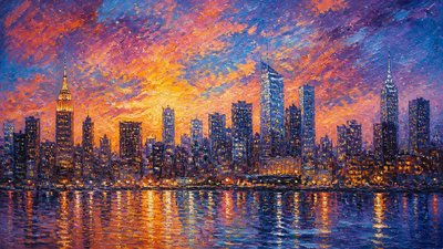 a city skyline panorama at dusk with glowing windows, no people