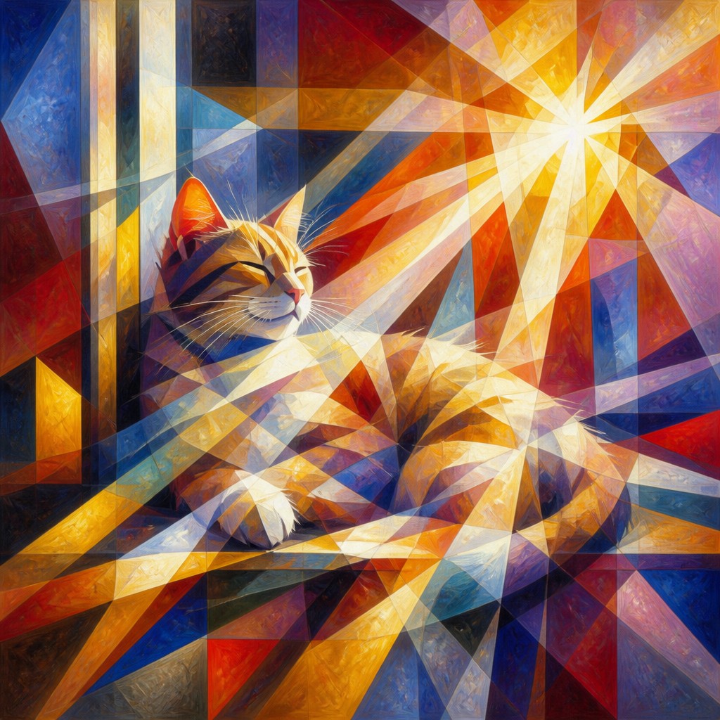a cat lounging in a sunlit window — Rayonism Art Style
