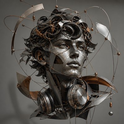 head-and-shoulders portrait of an original character: a young man with curly dark hair and headphones around his neck, plain backdrop, no text