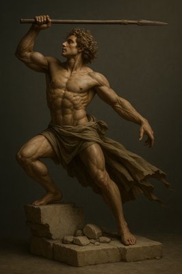 a statue of a man holding a stick over his head