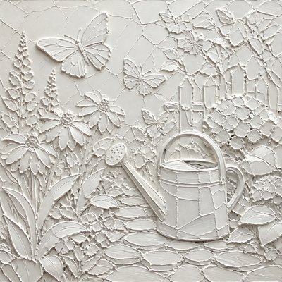 a garden scene with butterflies, flowers and a watering can, clean uncolored line art, no text