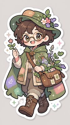 full-body original character: a wandering botanist with a satchel of plants, a patched green cloak, tall boots and round glasses, neutral background