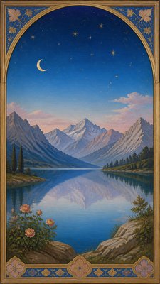 a tranquil mountain lake beneath a starry night sky, no people, no text
