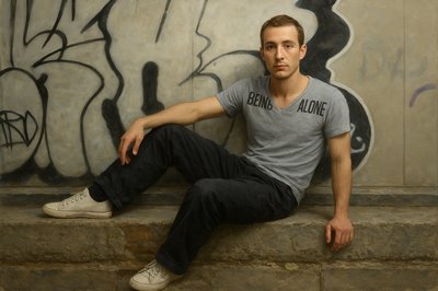 a man sitting on a ledge in front of a wall with graffiti