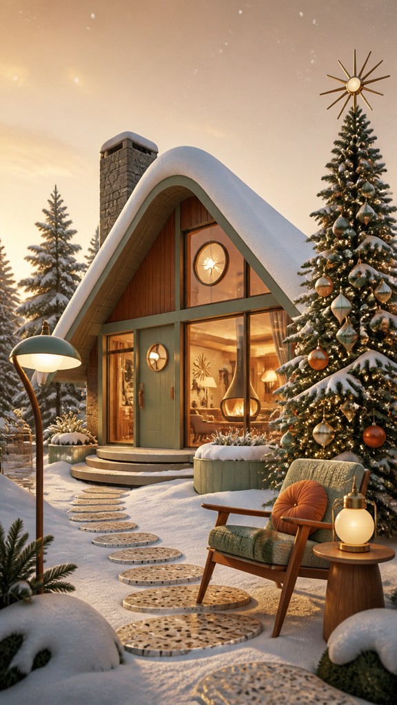 a snow-covered cottage with warm glowing windows beside a decorated pine tree, gentle snowfall, no text