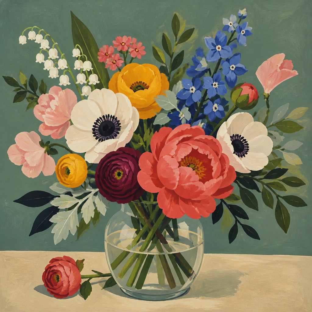 bouquet of flowers in a glass vase — Gouache Painting Style