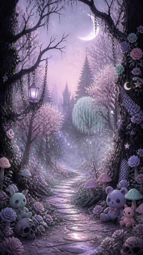 a mysterious forest path with fireflies and drifting mist, atmospheric vertical composition with open space at the top, no text