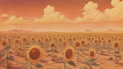 an endless field of sunflowers under summer clouds, no people
