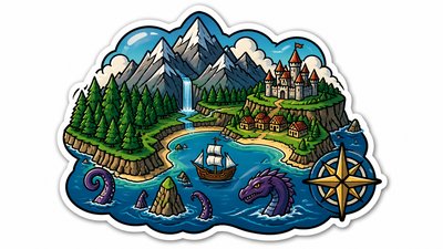 a map of an island realm with mountains, forests, a sheltered bay, sea monsters in the water and a compass rose, no text labels